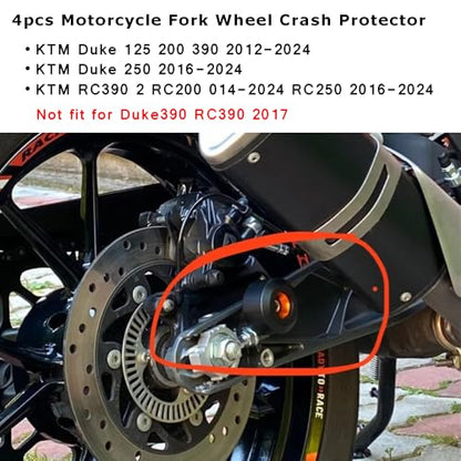 Duke 125 390 2012-2024 Frame Sliders - 4pcs Motorcycle Front Rear Fork Wheel Crash Protector for DUKE 125 390 Duke 200 RC125 RC390 RC250 2012-2019 2020 2021 2022 2023 2024- Black