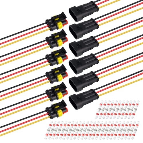 TMH 6 Sets of 3 Pin Electrical Connector Male and Female, 10cm. 22 AWG Waterproof Wire Connectors Automotive 3 Way with Heat Shrink Tubing for Car Truck Boat Wire Connection - size: 3 Pin - 6 Sets