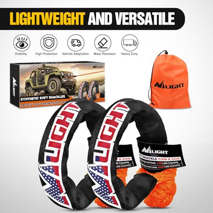 Nilight Synthetic Soft Shackle (56,000 LBS Breaking Strength) 1/2 Inch x 24 Inch 2PCS with Extra Sleeves for Sailing SUV Off Road Towing UTV ATV Trucks 4x4, 2 Years Warranty - color: 2Pcs Soft Shackles Orange