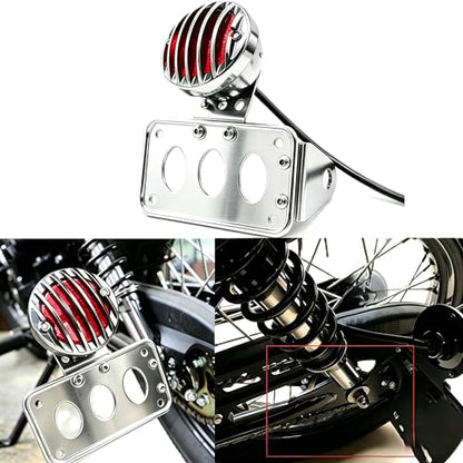 Motorcycle LED Tail Brake Light with Bracket Compatible for Harley Sportster Bobber Chopper Yamaha Suzuki Honda Kawasaki Side Mount License Plate Rear Light （Full electroplating）