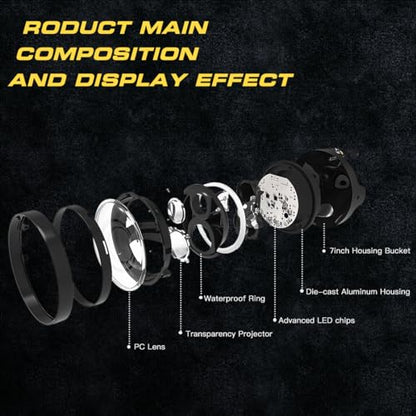 7 Inch LED Motorcycle Headlight Round DOT Approved With Housing Bucket Turn Signals DRL Halo Ring Angle Eyes Hi/Lo Beam Headlight w/Fork Clamp Bracket for H-arley Honda Yamaha Motorcycle - size: 7in Motorcycle Headlight with Halo Ring DRL