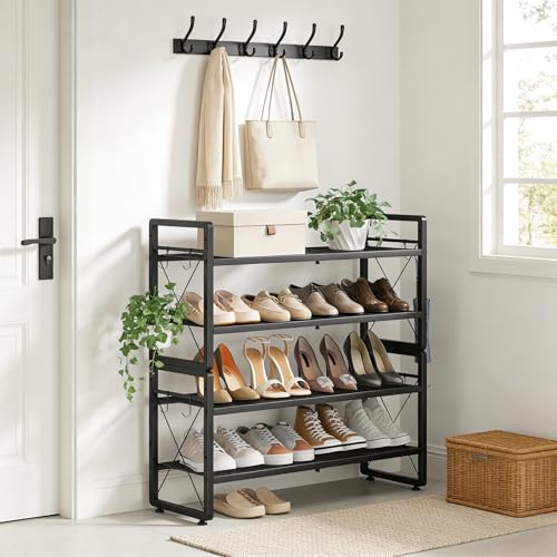 ELYKEN Shoe Rack, 4-Tier Expandable Shoe Organizer for Entryway, Metal Black Shoe Shelf with 8 Hooks, Adjustable Shoe Stand Holder for Closet, Garage, Door Entrance - size: 4-Tier