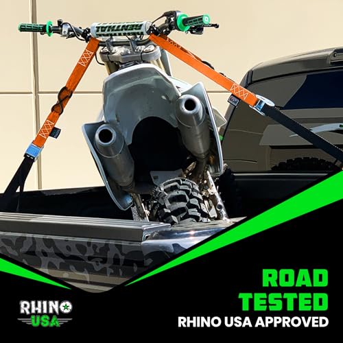 Rhino USA Motorcycle Tie Down Straps (2 Pack) Lab Inspected 2,200lb Break Strength, Steel Cambuckle Tiedown Set with Integrated Soft Loops - Better Than a Ratchet Strap (Orange 2-Pack) - color: Orange 2-Pack