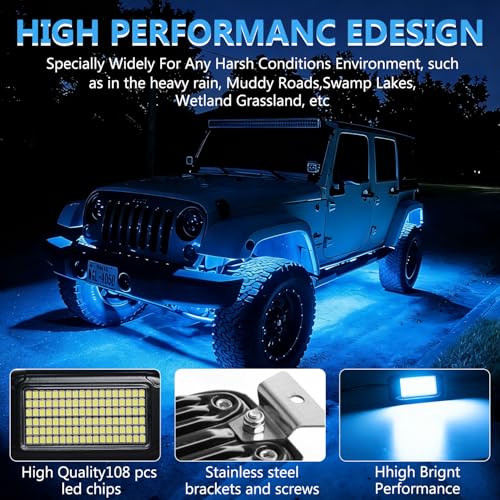 Nicoko 108 High-Power LEDs per Pod 4Pods Pure Blue Rock Lights Ultra-Bright Offroad Underglow Kit Advanced Heat Dissipation IP68 Waterproof for Truck, SUV, UTV, ATV, RZR - size: Pure blue rock lights