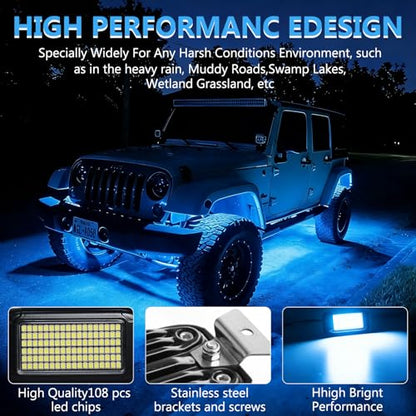 Nicoko 108 High-Power LEDs per Pod 4Pods Pure Blue Rock Lights Ultra-Bright Offroad Underglow Kit Advanced Heat Dissipation IP68 Waterproof for Truck, SUV, UTV, ATV, RZR - size: Pure blue rock lights