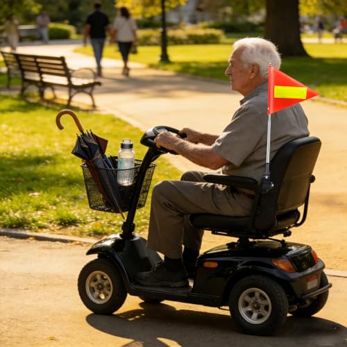 Orange Safety Flag with Reflective Strip and 5.3 Feet Retractable Pole, Orange Warning Flags Suitable for Mobility Scooter, Rollators and Wheelchairs, Set with Pole and Mount for Safety