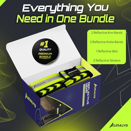 Auralys® 4 in 1 Reflective Running Gear, Adjustable Belt, Arm Bands, Ankle Straps & Bike Stickers for Night Visibility, Safety Gear, Reflective Tape Straps for Clothing, Night Dog Walking, Cycling