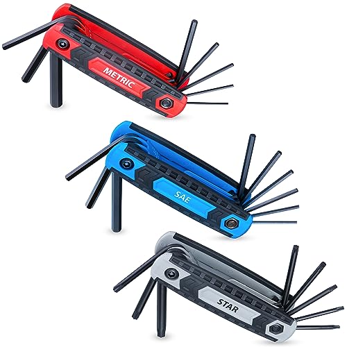 25-Piece Complete Folding Hex Key Wrench Set, Metric 1.5mm - 8mm, SAE 5/64” - 1/4”, Star T9 - T40 | Cr-V Steel, Precise and Chamfered Tips | 3 Pack All-Purpose Portable and Compact Allen Wrench Tools - size: 25-Pc. Folding Hex Key