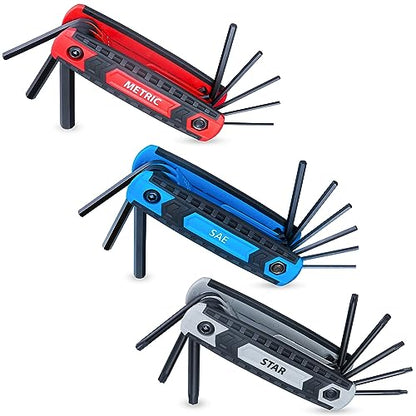 25-Piece Complete Folding Hex Key Wrench Set, Metric 1.5mm - 8mm, SAE 5/64” - 1/4”, Star T9 - T40 | Cr-V Steel, Precise and Chamfered Tips | 3 Pack All-Purpose Portable and Compact Allen Wrench Tools - size: 25-Pc. Folding Hex Key