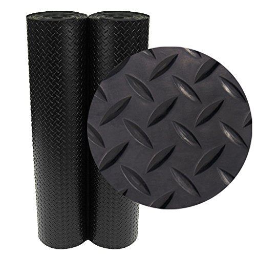 Rubber-Cal Diamond-Plate Rubber Flooring Roll - 3 mm x 4 ft x 1.5 ft Roll - Black - size: 18"L x 48"W x 0.1"Th
