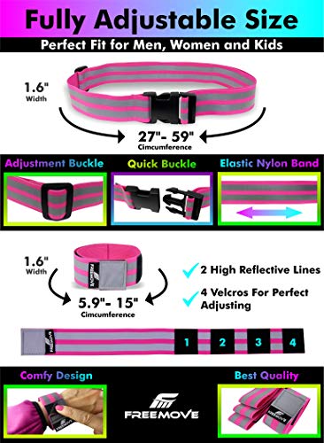 FREEMOVE Reflective SASH with 2 Bands - or - Reflective Runners Waist Belt with 4 Arm Bands > Easy to Put On/Off Reflective Gear for Guaranteed Visibility & Safety for Dog Walking, Running, Cycling - color: Pink BELT and BANDS