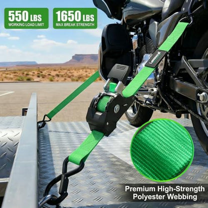 Retractable Ratchet Straps (4-Pack) - 1 Inch x 10 Feet (1,650lb Break Strength) - Heavy Duty Auto Self Retracting Tie Down Straps for Motorcycle, ATV, UTV, Truck, Cargo Trailer - Green - color: Green