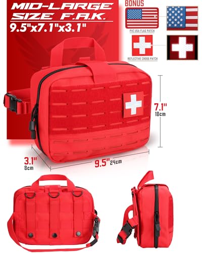 LIVANS Tactical Molle Medical Pouch - Upgraded Size, Large Capacity IFAK Pouch with Detachable Quick Release and Headrest Mount, Includes Flag and Cross Patch - color: Red