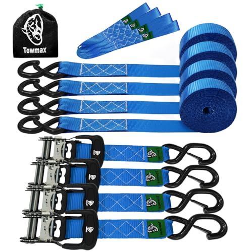 Ratchet Straps Heavy Duty 4 Pack -1.5 Inch x 8 Feet (5,208LB Break Strength)- Motorcycle Tie Down Straps -1.5xThickened Wear-Resistant Ratchet Tie Down Set for Powersports, Motorcycle or Moving Cargo - color: Blue, size: 5208ft - 8ft