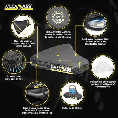 Wild Ass Sport Lite – Motorcycle Air Gel Seat Pad, Ergonomic Air-Adjusting Cushion with Straps, Universal Fit for Ultimate Rider Comfort & Relief, Cool Flow Motorcycle Accessory for Long Rides – Black - style: Lite