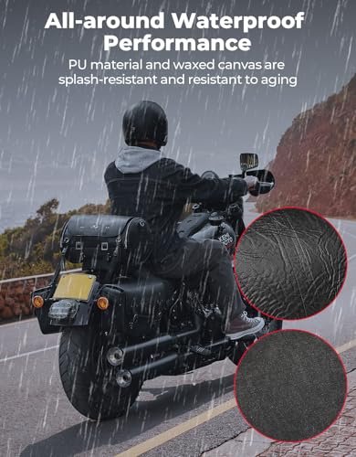 KEMIMOTO Motorcycle Tail Bag, PU Leather Motorcycle Rear Seat Bag, Waterproof Waxed Drawstring Canvas 18-22L Expandable Motorbike Luggage Storage for Sportster Softail Dyna V-star Shadow