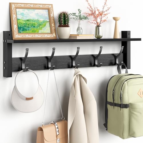 Optish Coat Rack Wall Mount with Shelf, 24 Inch Coat Hanger Walls Mounted, Hat Rack for Walls, Shelf with 5 Coat Hooks, Wall Hanger for Entryway (Black) - color: Black, size: 24 Inch