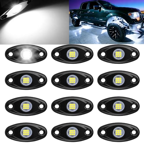 12 Pods White led Rock Lights Waterproof IP 68 for Car SUV Underglow Lights Neon Trail Rig Lamp Lighting for Truck Motorcycle ATV UTV (White) - color: White, size: 12 Pods