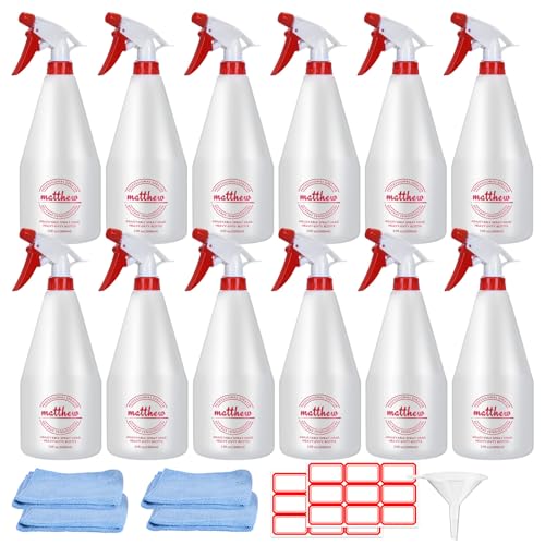 Matthew Cleaning 32 oz Plastic Spray Bottles, Professional Chemical Resistant Heavy Duty Spray Bottles for Chemicals, Cleaner, Bleach, Solvent Safe, Adjustable Nozzle and Measurement, Case Pack 12 Pcs - size: Case Pack - 12 Pcs