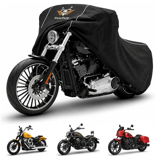 600D Heavy Duty Motorcycle Cover for Cruiser Models, Waterproof Outdoor All-Season Weatherproof Protection with Air Vents, Exhaust Heat Shield & Reflective Strips, Fits up to 96″ - size: 2XL (96X40X55)