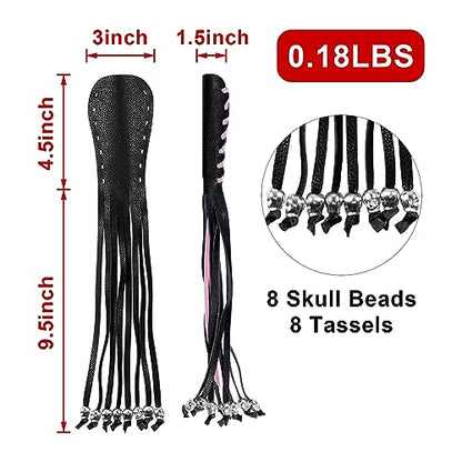 Motorcycle Lever Cover PU Leather Fringed Brake Clutch Covers Universal Grip Tassels Motorcycle Handlebar Covers with Skull Beads - color: Black with Pink Strap