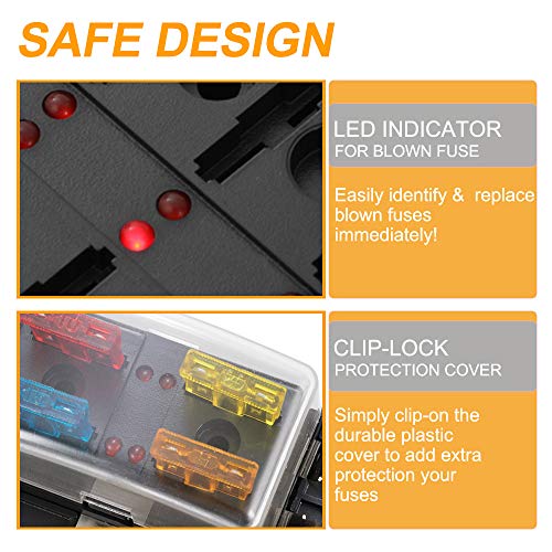 BUNKER INDUST 4-Way Blade Fuse Box with LED Indicator for Blown Fuse,Fuse Block Holder Box with Protection Cover for Car Boat Marine Automotive,Include 12Pcs Blade Fuses - color: 1Pcs 4-Way Blade Fuse Box