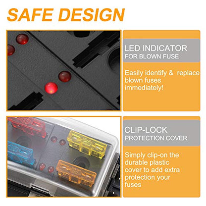 BUNKER INDUST 4-Way Blade Fuse Box with LED Indicator for Blown Fuse,Fuse Block Holder Box with Protection Cover for Car Boat Marine Automotive,Include 12Pcs Blade Fuses - color: 1Pcs 4-Way Blade Fuse Box