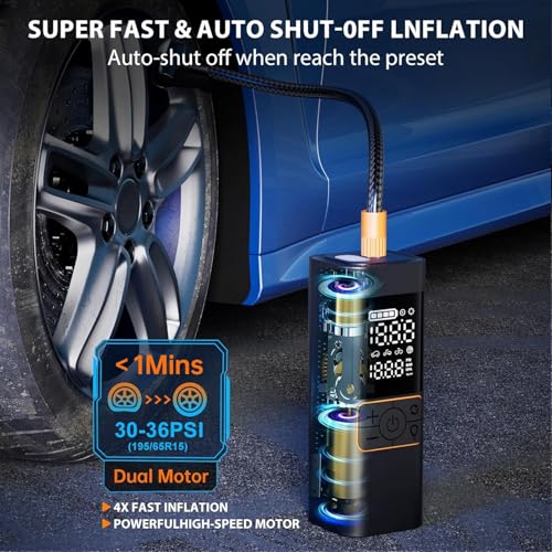 Cordless Tire Inflator Portable Air Compressor with Digital Pressure Gauge, Fast 4X Inflation for Car Truck SUV, Auto Shut Off