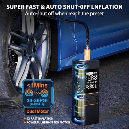 Cordless Tire Inflator Portable Air Compressor with Digital Pressure Gauge, Fast 4X Inflation for Car Truck SUV, Auto Shut Off