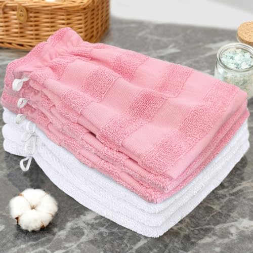 VOOVA & MOVAS 6-Pack Wash Mitts for Body, 100% Cotton Soft Absorbent Wash Cloths with Hanging Loop, 8.3x6.3 Inch European Style Wash Gloves for Shower & Spa, Jacquard Pink Stripe & White - color: Jacquard Pink Stripe & White