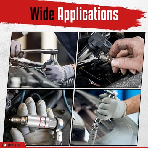 WETT 12Pcs Spark Plug Socket Set, 3/8" Drive Ratchet Handle with Mirror Polished Sockets, Spark Plug Gapper, Universal Joint and Extension Bar, Spark Plug Removal Tool with Rubber Retaining Ring