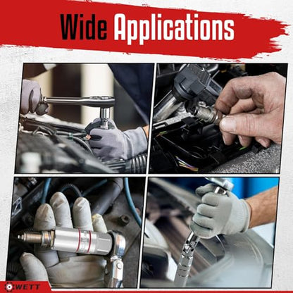 WETT 12Pcs Spark Plug Socket Set, 3/8" Drive Ratchet Handle with Mirror Polished Sockets, Spark Plug Gapper, Universal Joint and Extension Bar, Spark Plug Removal Tool with Rubber Retaining Ring
