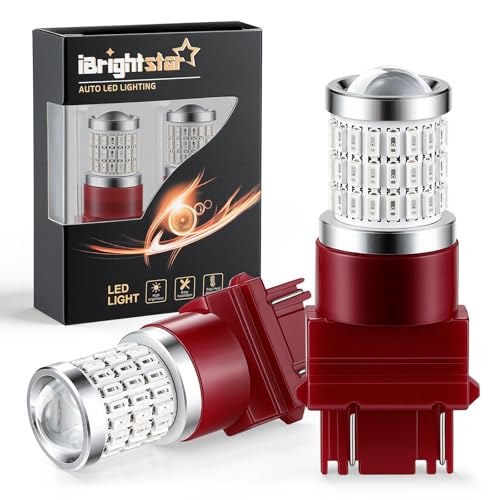iBrightstar 9-30V Flashing Strobe Blinking Brake Lights 3157 3057 3156 3056 LED Bulbs with Projector Replacement for Tail Brake Stop Lights, Brilliant Red - color: Red, size: 3157