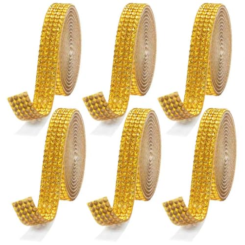 Rhinestone Ribbon Self Adhesive, 6-Yard Bedazzling Strips, 6-Rolls Rhinestone Strips for DIY Craft, Rhinestones for Crafting, Home Decor and Special Events, Golden - color: 6 Rolls 6 Yard Golden