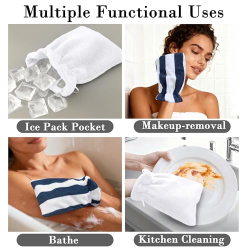 VOOVA & MOVAS Bath Mitts for Shower, 6-Pack, 8.3x6.3 Inch, 100% Cotton Soft Absorbent Wash Cloths with Hanging Loop, European Style Body & Bath Wash Mitts, Pink Stripe & White - color: Navy Stripe&white