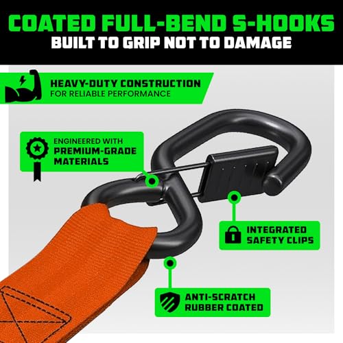 RHINO USA Ratchet Straps Tie Down Kit, 5,000 Break Strength - Includes Heavy Duty Rachet Tiedowns with Padded Handles & Coated Chromoly S Hooks + Soft Loop Tie-Downs - color: Orange, size: 8ft - 2 Pack