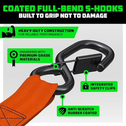 RHINO USA Ratchet Straps Tie Down Kit, 5,000 Break Strength - Includes Heavy Duty Rachet Tiedowns with Padded Handles & Coated Chromoly S Hooks + Soft Loop Tie-Downs - color: Orange, size: 8ft - 2 Pack