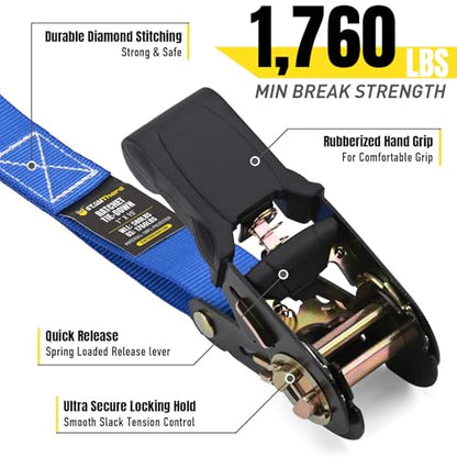 Stay There Ratchet Tie Down Straps 1'' x15', Ratchet Straps with S Hook - 1760lb Break Strength for Securing Motorcycle, Kayak, Truck with Rubber Handles, A Sturdy Bonus Bag & 4 Soft Loops Included - color: Blue