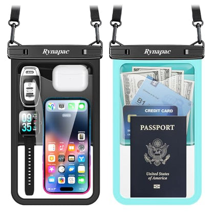 Rynapac Large Waterproof Phone Pouch [Up to 10"] - 2 Pack IPX8 Waterproof Phone Case for iPhone 17 16 15 Pro Max Galaxy S26 Ultra, Touchscreen & Underwater Photography, Beach Cruise Essentials 2026 - color: [Black + Mint] Large Waterproof Phone Pouch, siz