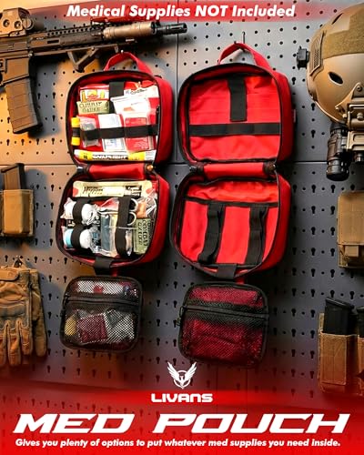 LIVANS Tactical Molle Medical Pouch - Upgraded Size, Large Capacity IFAK Pouch with Detachable Quick Release and Headrest Mount, Includes Flag and Cross Patch - color: Red