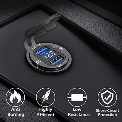 [Metal Shell] 12V USB Outlet Dual QC 3.0: Qidoe Aluminum Socket 12 Volt Motorcycle USB Outlet with LED Voltmeter Button Switch Waterproof 12 V Car Charger for Boat Marine Moto RV Golf Cart