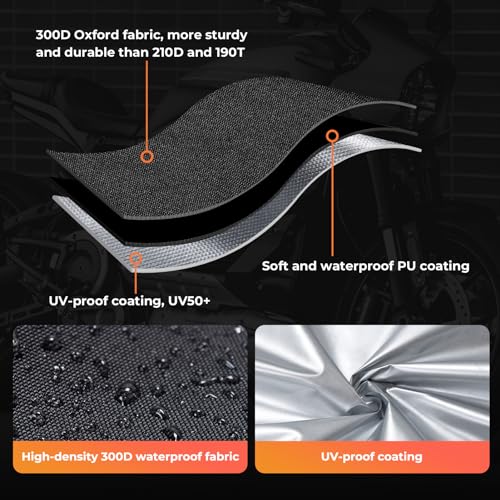 Motorcycle Cover Waterproof: Durable Heavy Duty Motorcycle Cover with Windproof and Security System - Fits up to 104 Inch Large Motorcycle (300D) - size: 300D - 104 Inch