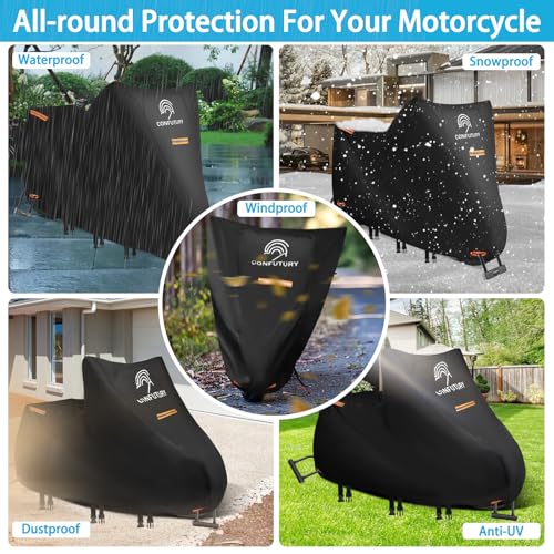 Large Motorcycle Cover Waterproof Outdoor,600D Heavy Duty Oxford Fabric,4 Reflective Strips,Lock Holes & License Plate Window(3XL 100" X 37" X 50") - size: 3XL(100"x37"x50")