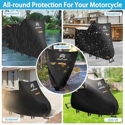 Motorcycle Covers Waterproof Outdoor,600D Heavy Duty Oxford Fabric,4 Reflective Strips,Lock Holes & License Plate Window(4XL 112" X 37" X 55") - size: 4XL(112"x37"55")