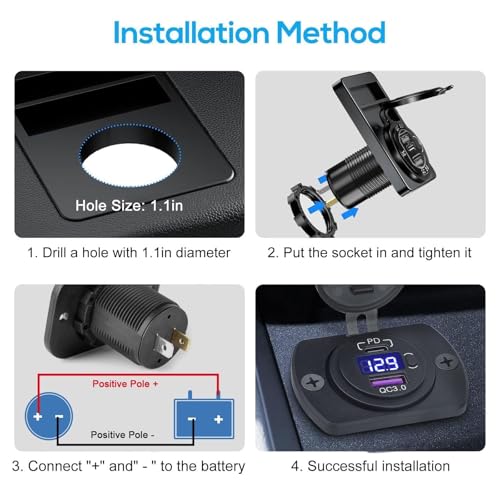 Linkstyle 12V USB Outlet, 30W PD Port & 18W QC3.0 USB A Port Charger Socket with Button & LED Voltmeter for Car Boat Motorcycle RV