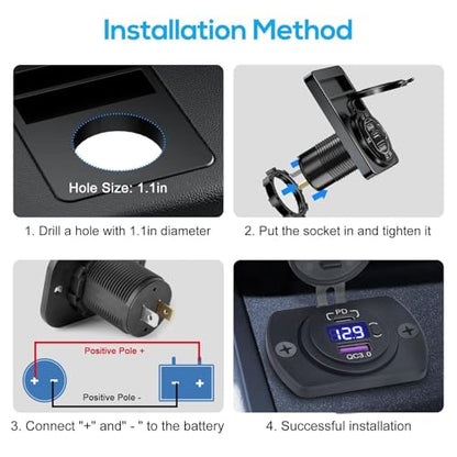 Linkstyle 12V USB Outlet, 30W PD Port & 18W QC3.0 USB A Port Charger Socket with Button & LED Voltmeter for Car Boat Motorcycle RV
