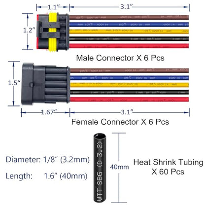 6 Kit 16 AWG 5 Pin Connector Car Waterproof Wire Connectors 5 Pin Automotive Electrical Connectors Quick Disconnect 5 Way Wire Terminal Connector Plug and Heat Shrink Tubing Kit - size: 5pin