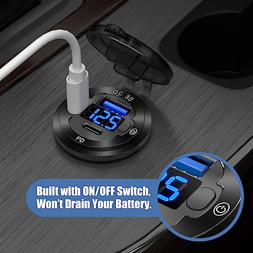 2 PACK 12V USB Car Socket Round USB C 12V Outlet, 3-Port Marine Fast Charger Waterproof Cigarette Outlet Replacement Aluminum with Switch and Voltmeter, Suitable for Boat Golf Cart RV Motorcycle - color: pack of two