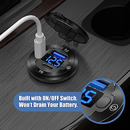 2 PACK 12V USB Car Socket Round USB C 12V Outlet, 3-Port Marine Fast Charger Waterproof Cigarette Outlet Replacement Aluminum with Switch and Voltmeter, Suitable for Boat Golf Cart RV Motorcycle - color: pack of two