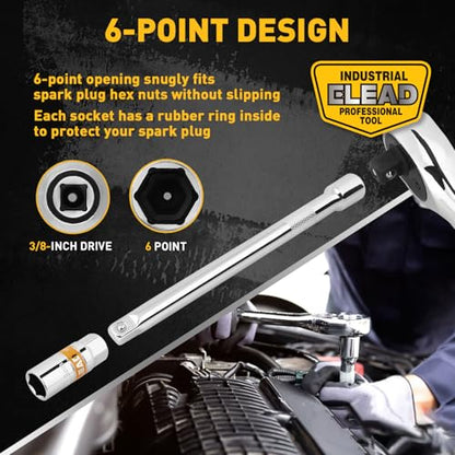 ELEAD 8-Piece 3/8" Drive Spark Plug Socket Set with Universal Joint, Spark Plug Gapper and 6" Extension Bar, SAE & Metric, 5/8", 3/4", 13/16", 14mm, 18mm, CR-V Sockets with Rubber Holding Rings - size: 8-Piece Spark Plug